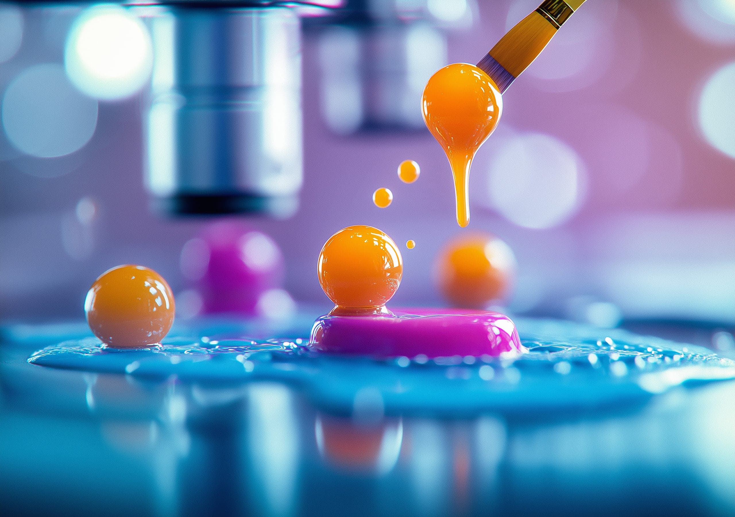 Paintbrush dripping orange paint onto glossy droplets under a microscope
