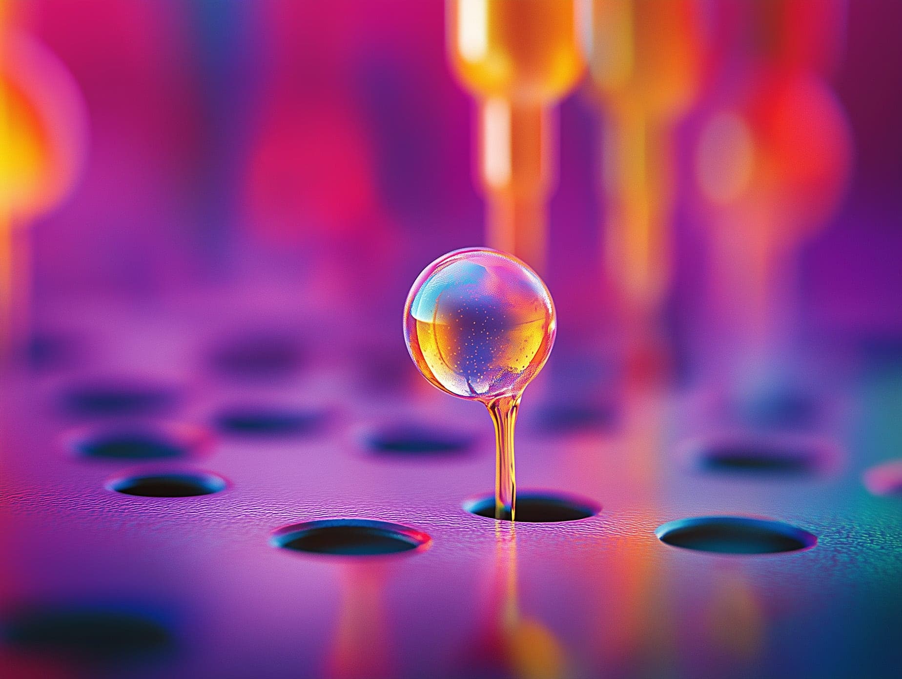 Glossy droplet suspended above a vivid purple surface
