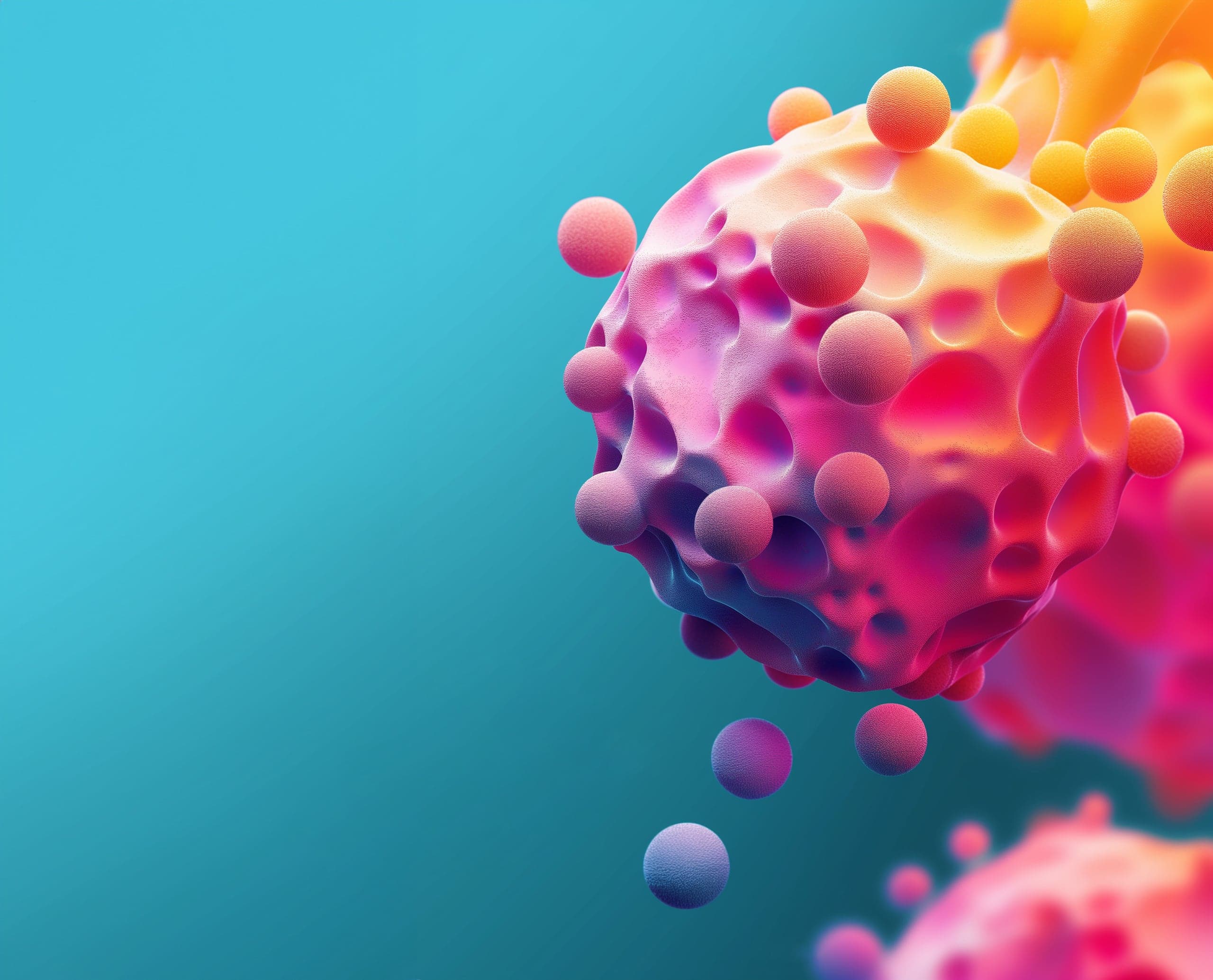 Textured magenta and orange molecule surrounded by floating spheres