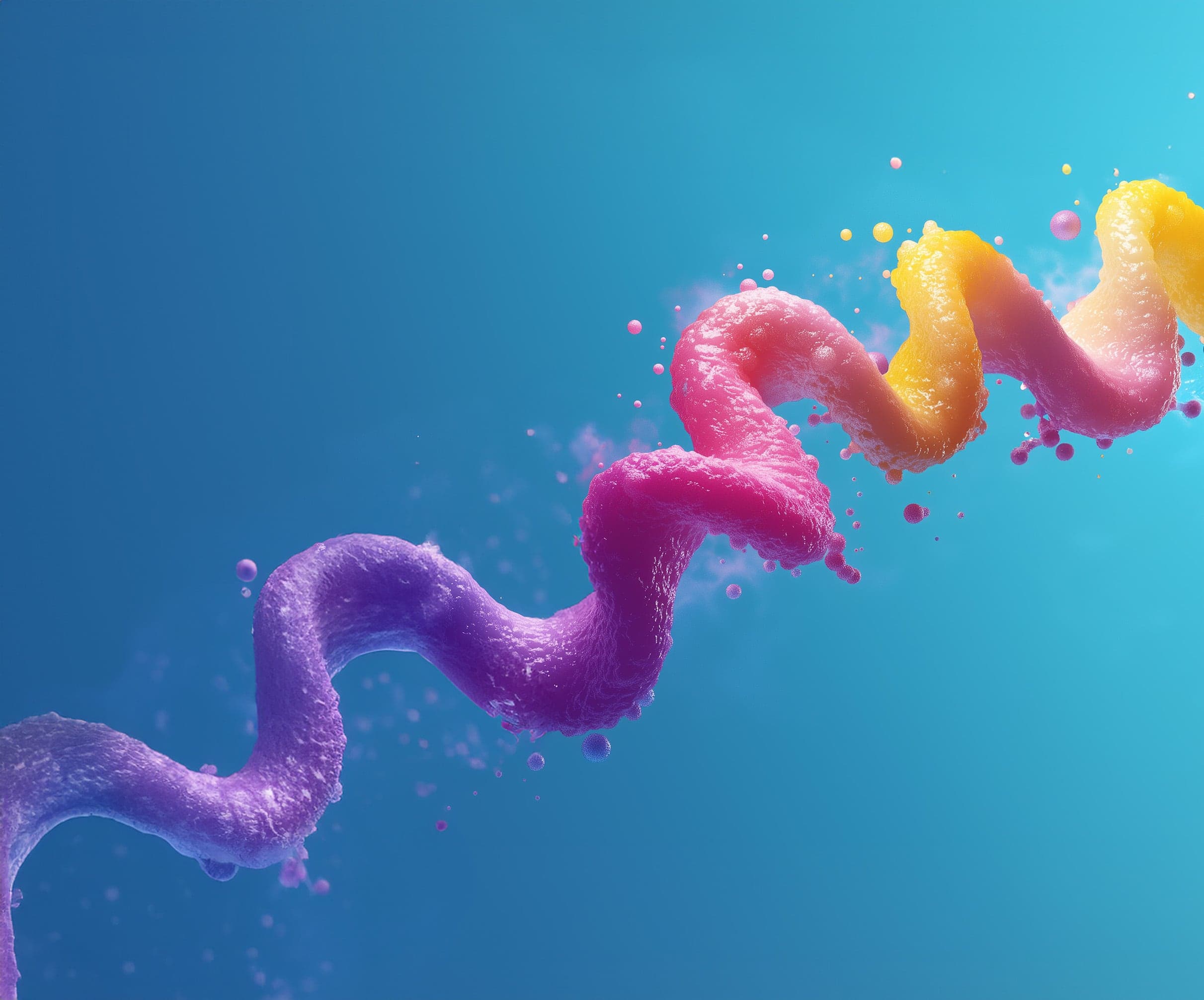 Twisting ribbon of violet, magenta and golden paint on a blue background