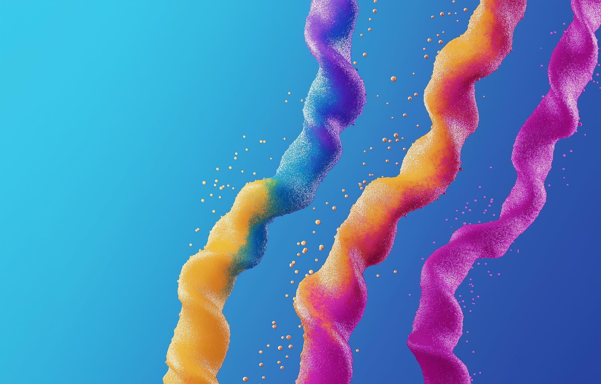 Three textured ribbons of paint in blue, gold and magenta